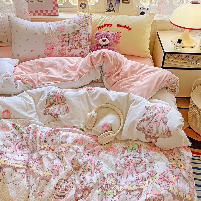 91家纺网 家纺一手货源 找家纺 布可家纺 2025新款水洗棉时尚印花四件套 小猫碎语