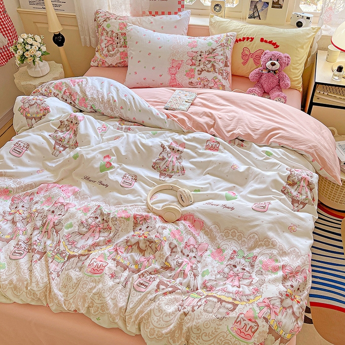 91家纺网 家纺一手货源 找家纺 布可家纺 2025新款水洗棉时尚印花四件套 小猫碎语