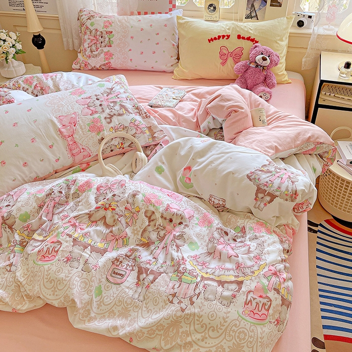 91家纺网 家纺一手货源 找家纺 布可家纺 2025新款水洗棉时尚印花四件套 小猫碎语