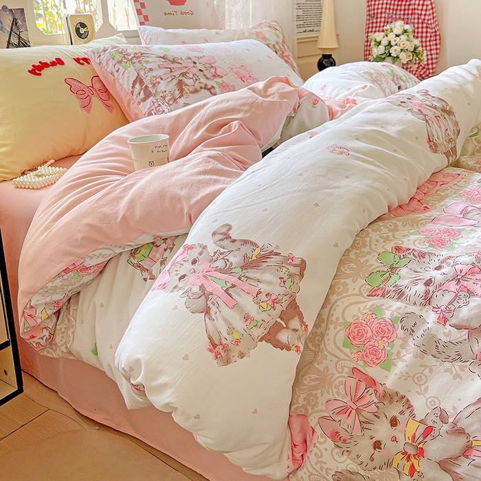 91家纺网 家纺一手货源 找家纺 布可家纺 2025新款水洗棉时尚印花四件套 小猫碎语