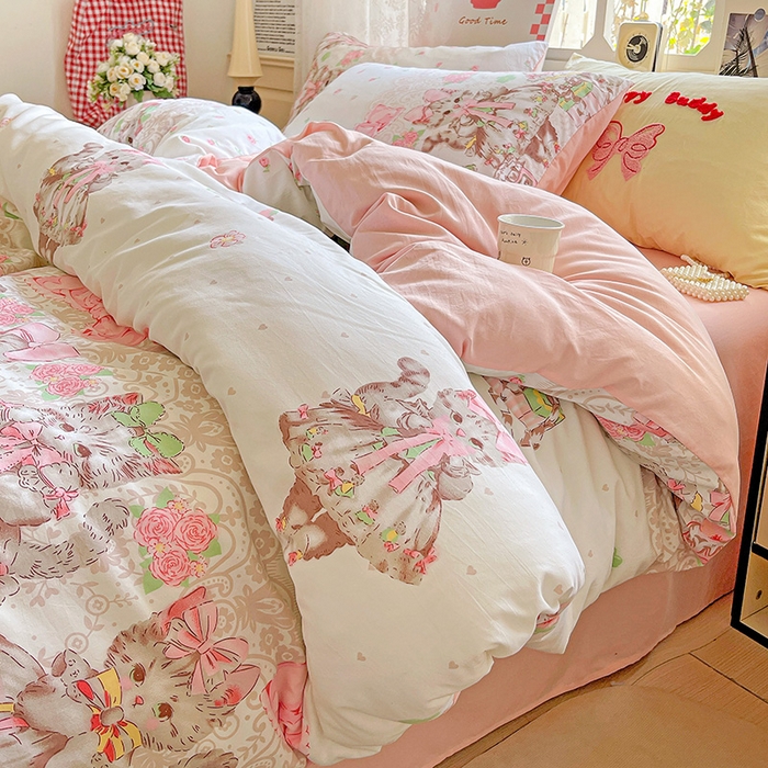 91家纺网 家纺一手货源 找家纺 布可家纺 2025新款水洗棉时尚印花四件套 小猫碎语