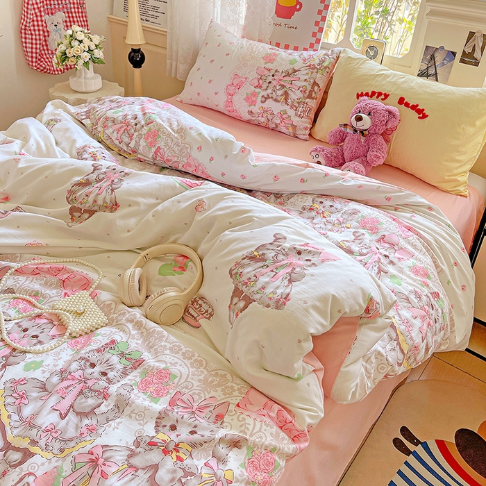 91家纺网 家纺一手货源 找家纺 布可家纺 2025新款水洗棉时尚印花四件套 小猫碎语