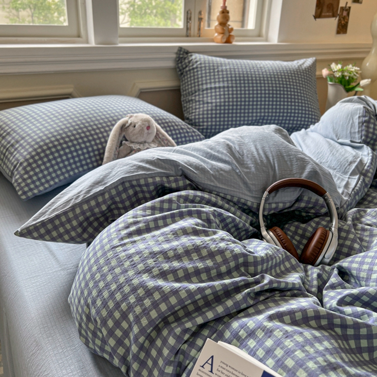 91家纺网 家纺一手货源 找家纺 妖妖家纺 2025新款云感双层纱四件套 海盐格