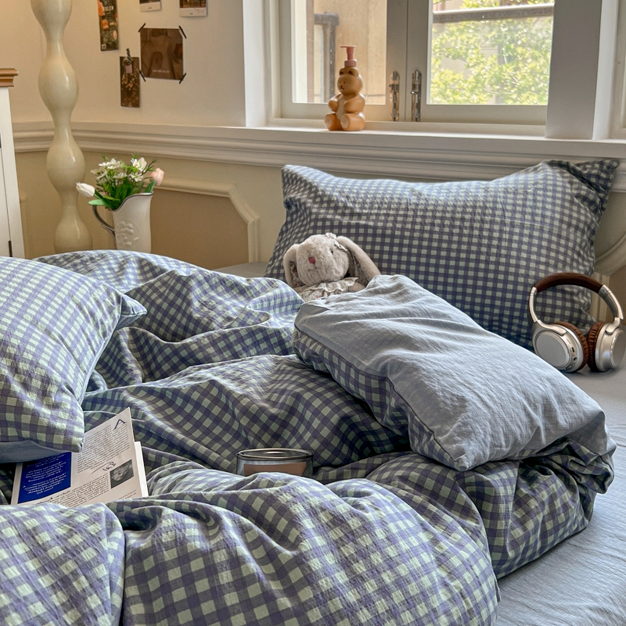 91家纺网 家纺一手货源 找家纺 妖妖家纺 2025新款云感双层纱四件套 海盐格