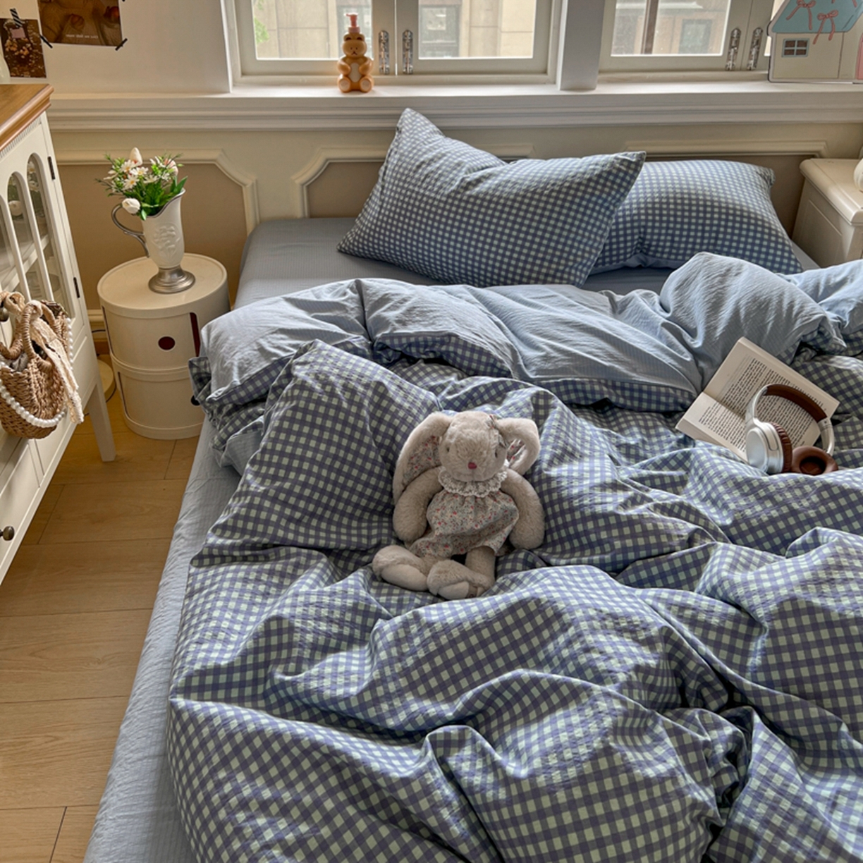 91家纺网 家纺一手货源 找家纺 妖妖家纺 2025新款云感双层纱四件套 海盐格