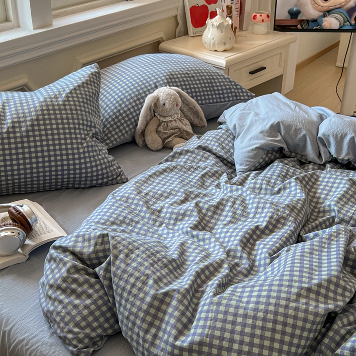 91家纺网 家纺一手货源 找家纺 妖妖家纺 2025新款云感双层纱四件套 海盐格