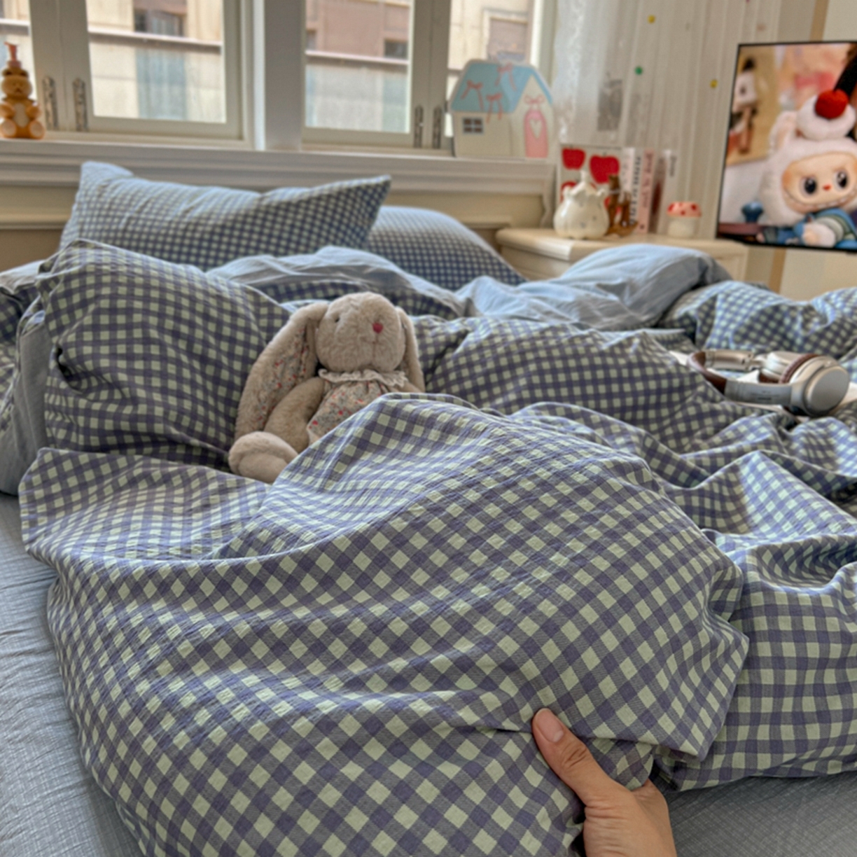 妖妖家纺 2025新款云感双层纱四件套 海盐格