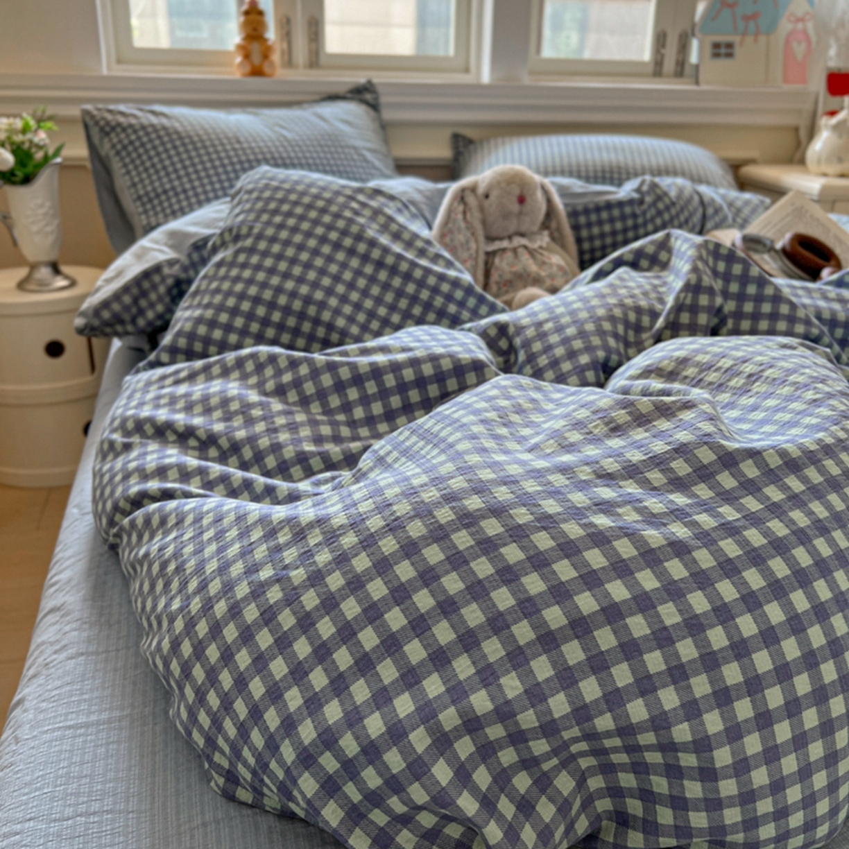 91家纺网 家纺一手货源 找家纺 妖妖家纺 2025新款云感双层纱四件套 海盐格