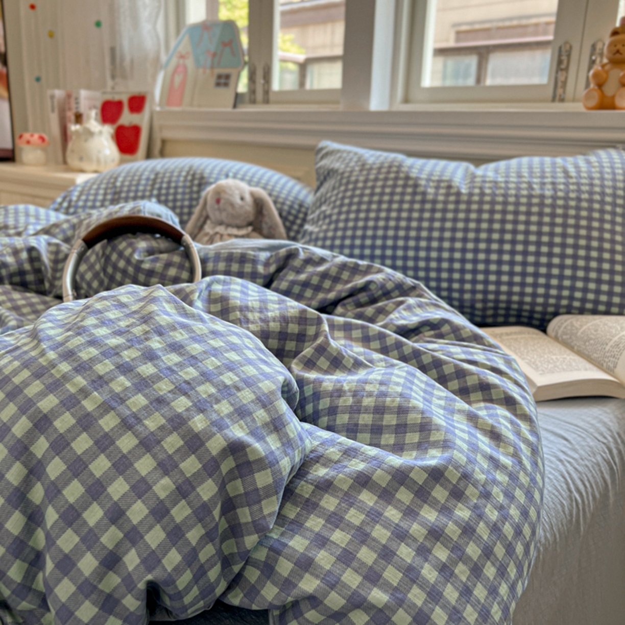 91家纺网 家纺一手货源 找家纺 妖妖家纺 2025新款云感双层纱四件套 海盐格