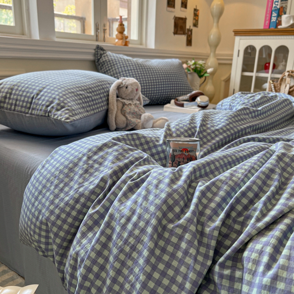 91家纺网 家纺一手货源 找家纺 妖妖家纺 2025新款云感双层纱四件套 海盐格