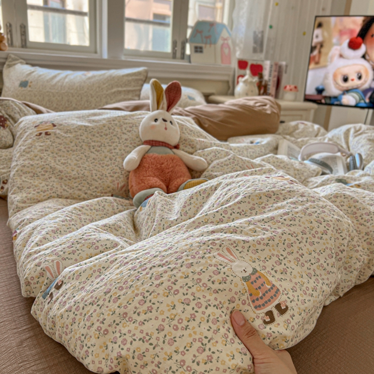 妖妖家纺 2025新款云感双层纱四件套 花点兔