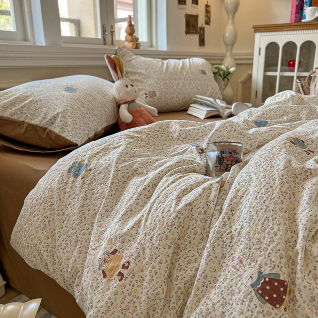 91家纺网 家纺一手货源 找家纺 妖妖家纺 2025新款云感双层纱四件套 花点兔