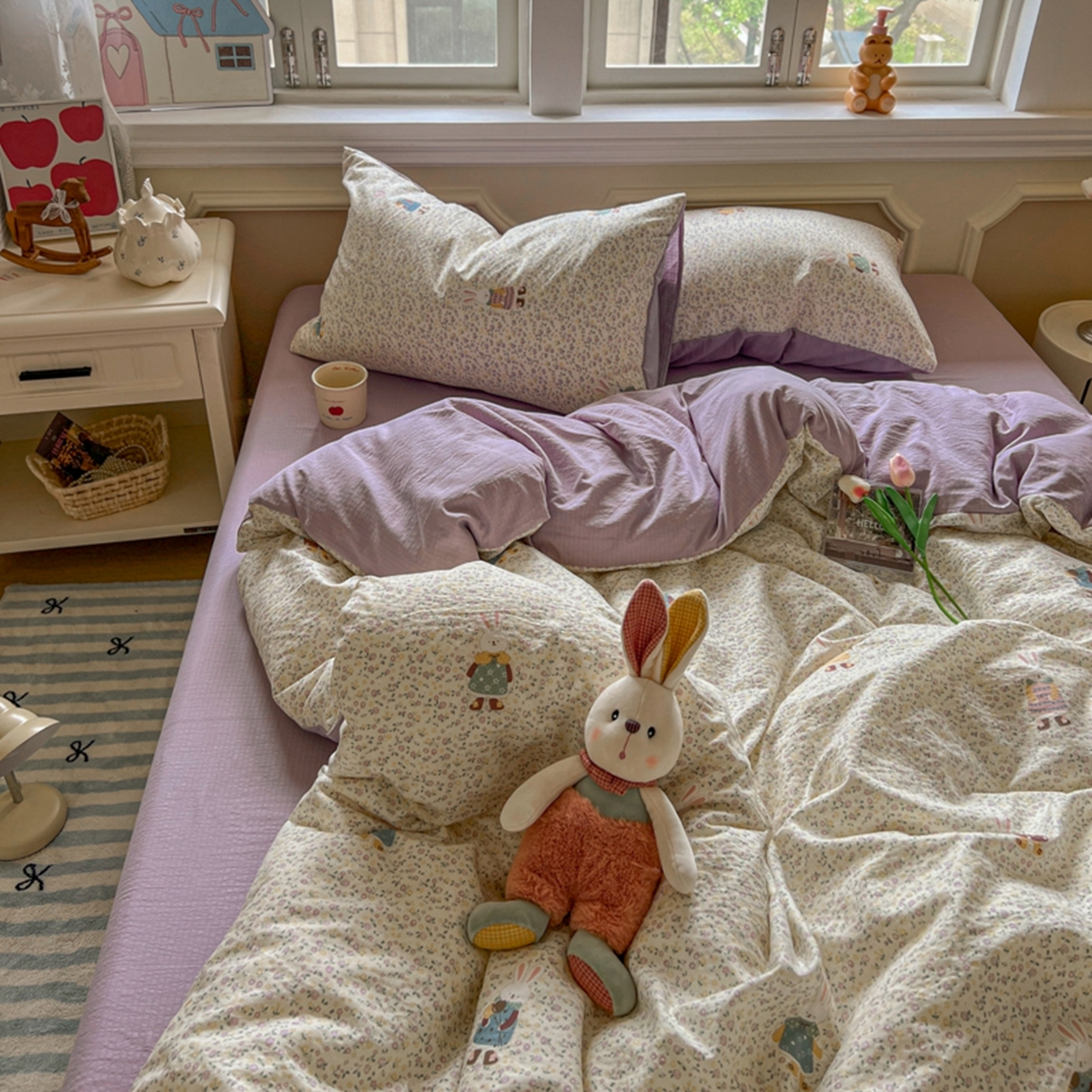 91家纺网 家纺一手货源 找家纺 妖妖家纺 2025新款云感双层纱四件套 花语兔