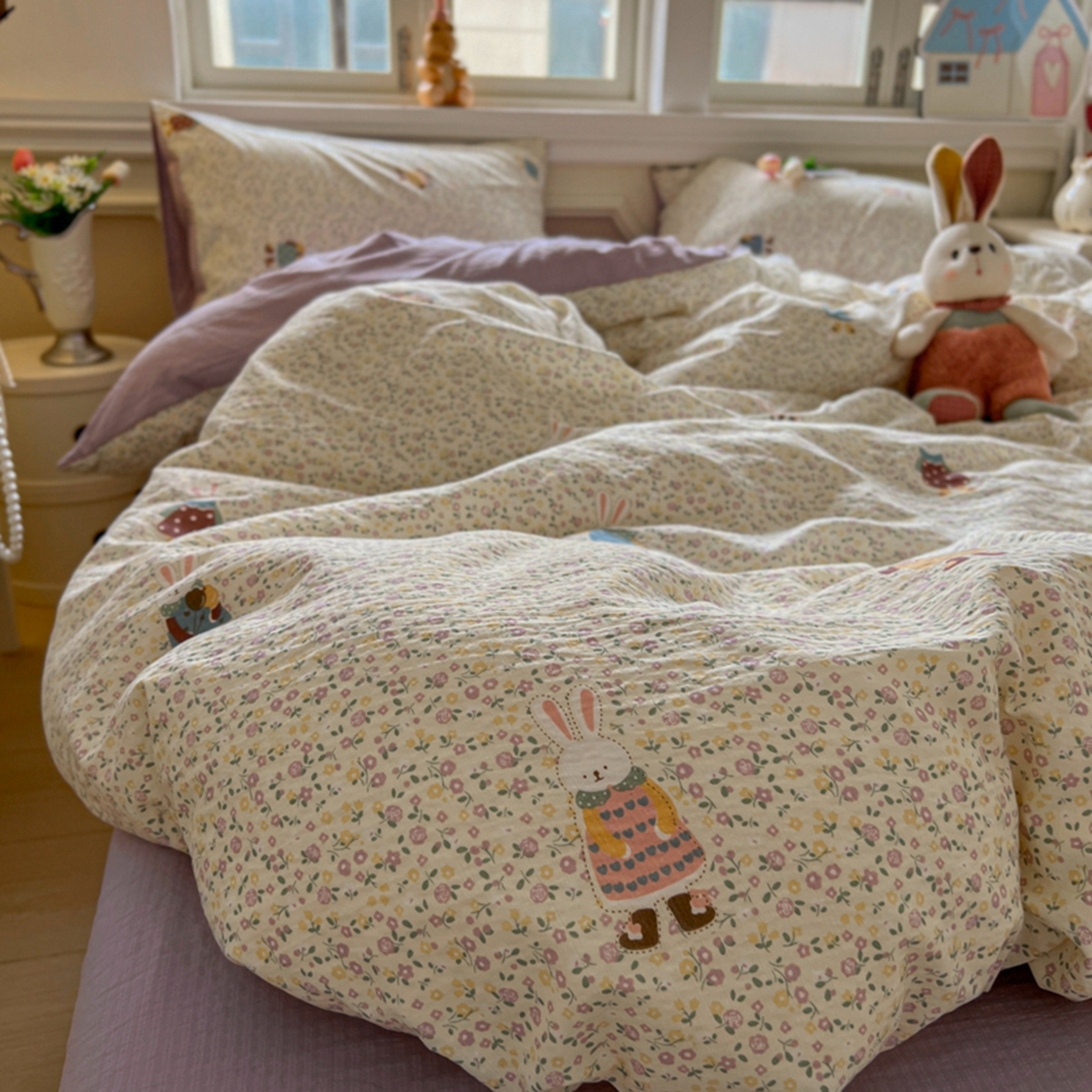 91家纺网 家纺一手货源 找家纺 妖妖家纺 2025新款云感双层纱四件套 花语兔