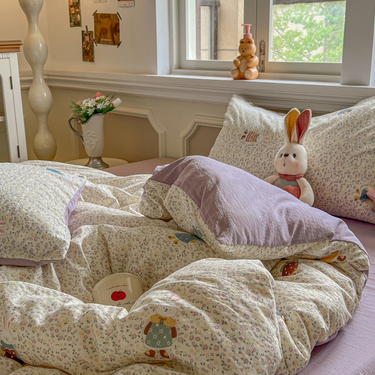 91家纺网 家纺一手货源 找家纺 妖妖家纺 2025新款云感双层纱四件套 花语兔