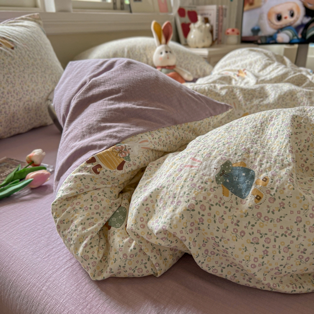 91家纺网 家纺一手货源 找家纺 妖妖家纺 2025新款云感双层纱四件套 花语兔