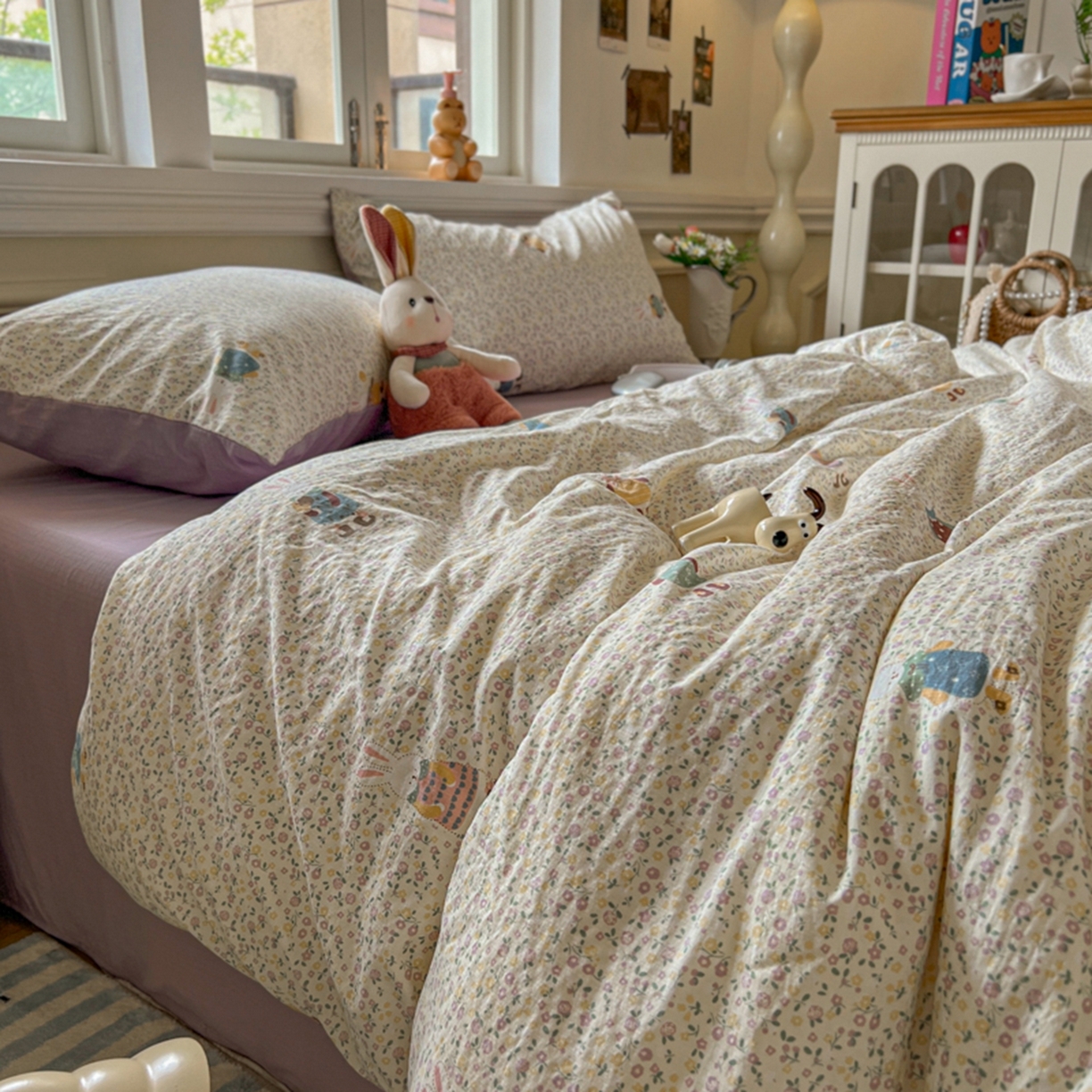 91家纺网 家纺一手货源 找家纺 妖妖家纺 2025新款云感双层纱四件套 花语兔