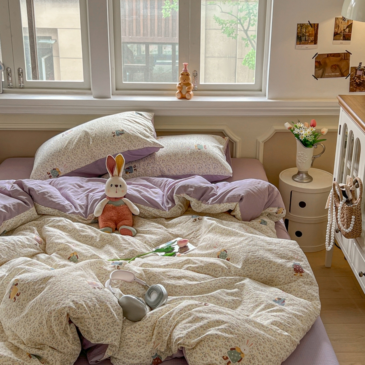 91家纺网 家纺一手货源 找家纺 妖妖家纺 2025新款云感双层纱四件套 花语兔