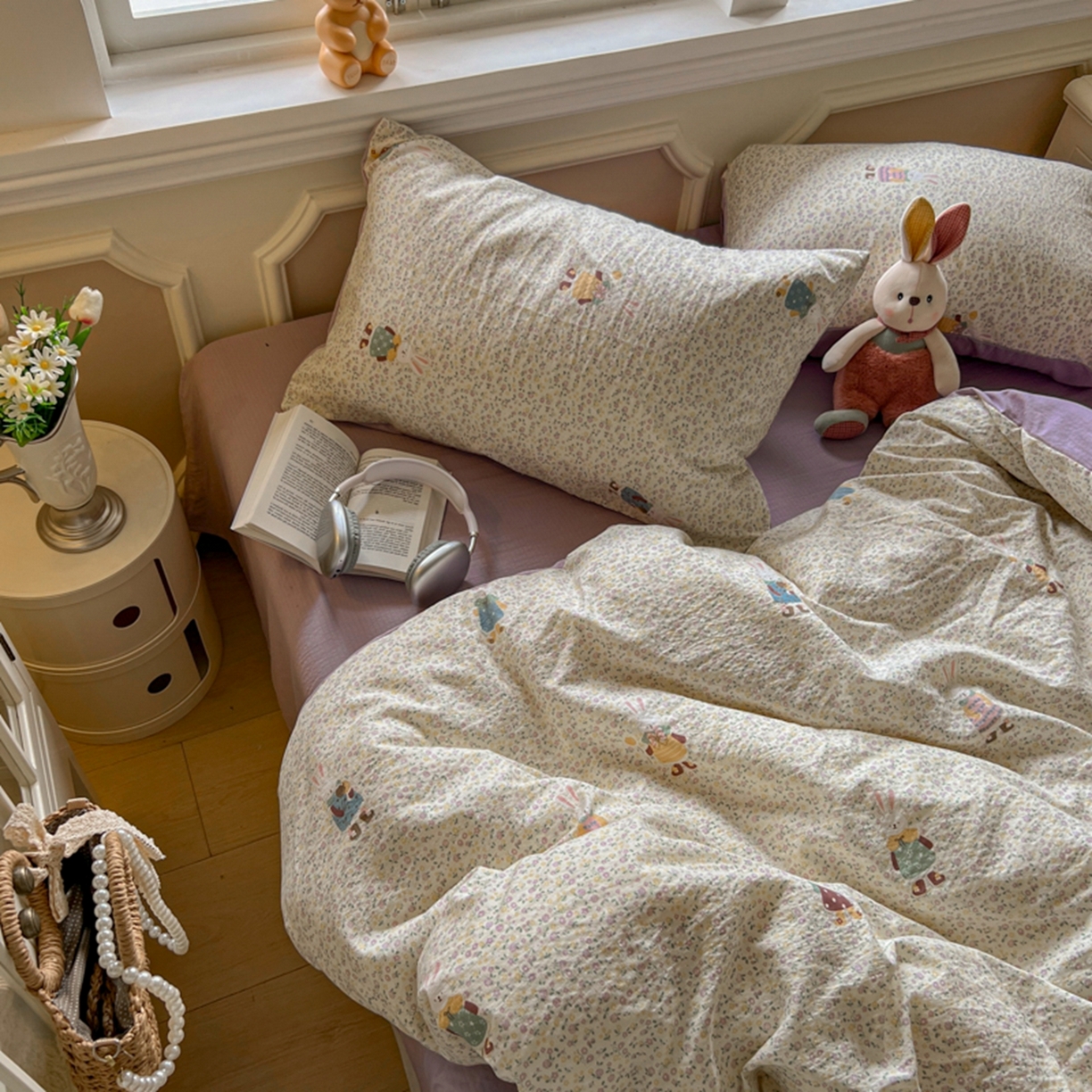 91家纺网 家纺一手货源 找家纺 妖妖家纺 2025新款云感双层纱四件套 花语兔