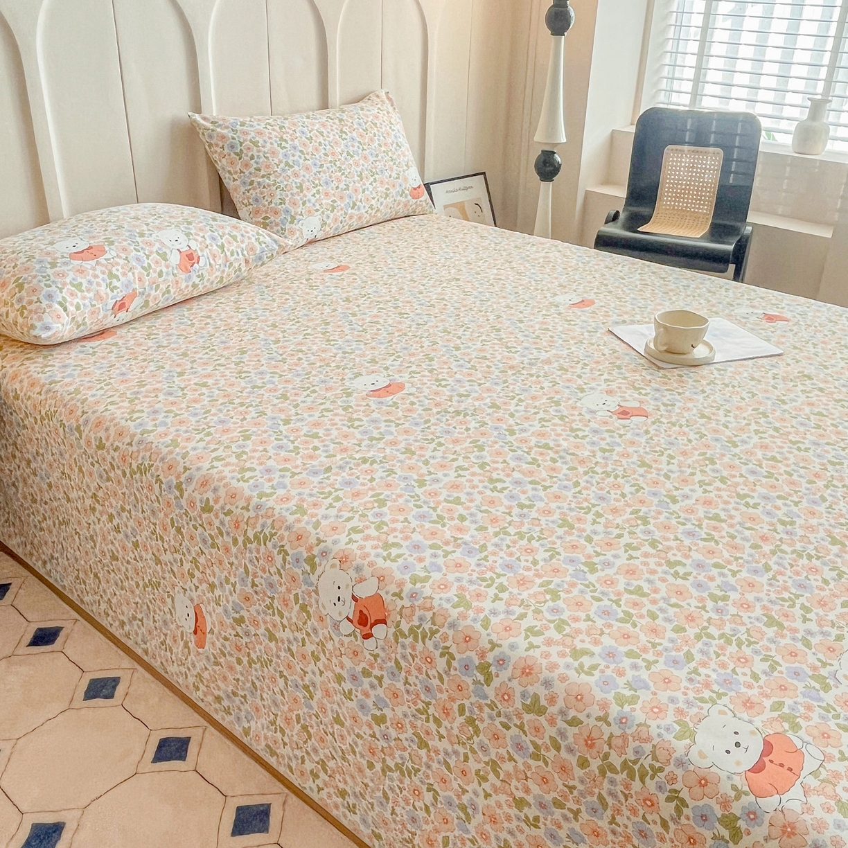 91家纺网 家纺一手货源 找家纺 首爱家纺2025新款工艺款老粗布床单(量大从优) 花朵熊