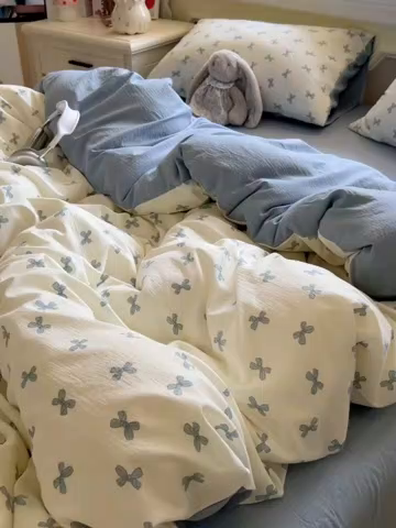 91家纺网 家纺一手货源 找家纺 妖妖家纺 2025新款云感双层纱四件套 蓝结飘飘