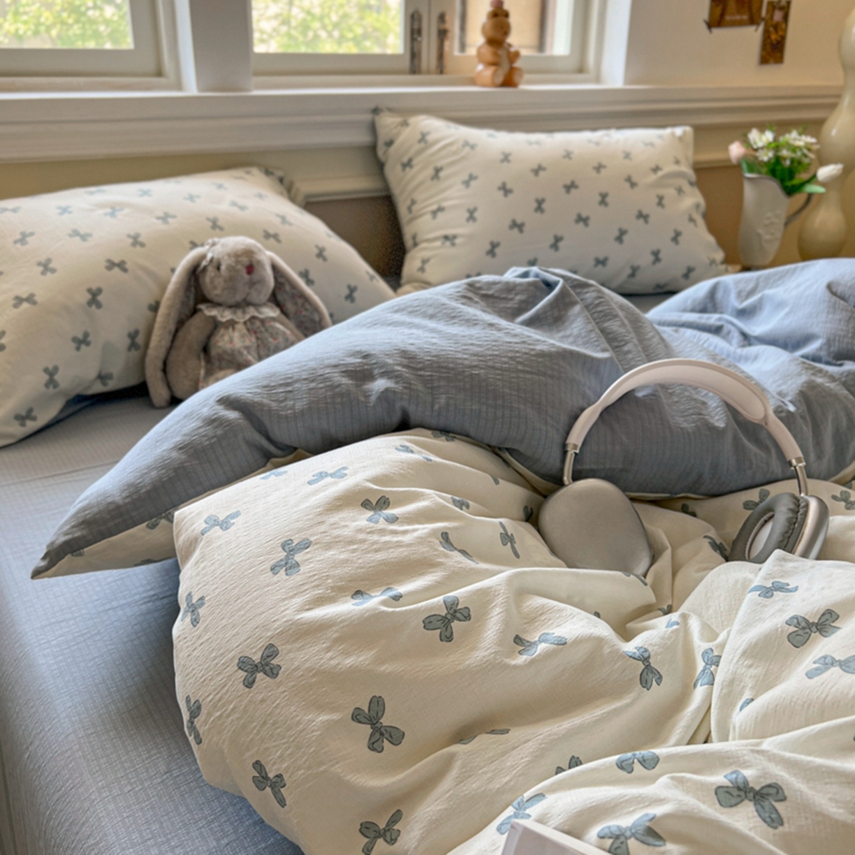 91家纺网 家纺一手货源 找家纺 妖妖家纺 2025新款云感双层纱四件套 蓝结飘飘