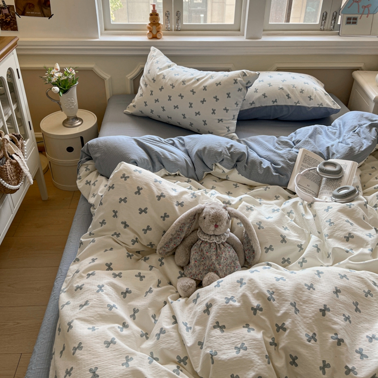 91家纺网 家纺一手货源 找家纺 妖妖家纺 2025新款云感双层纱四件套 蓝结飘飘