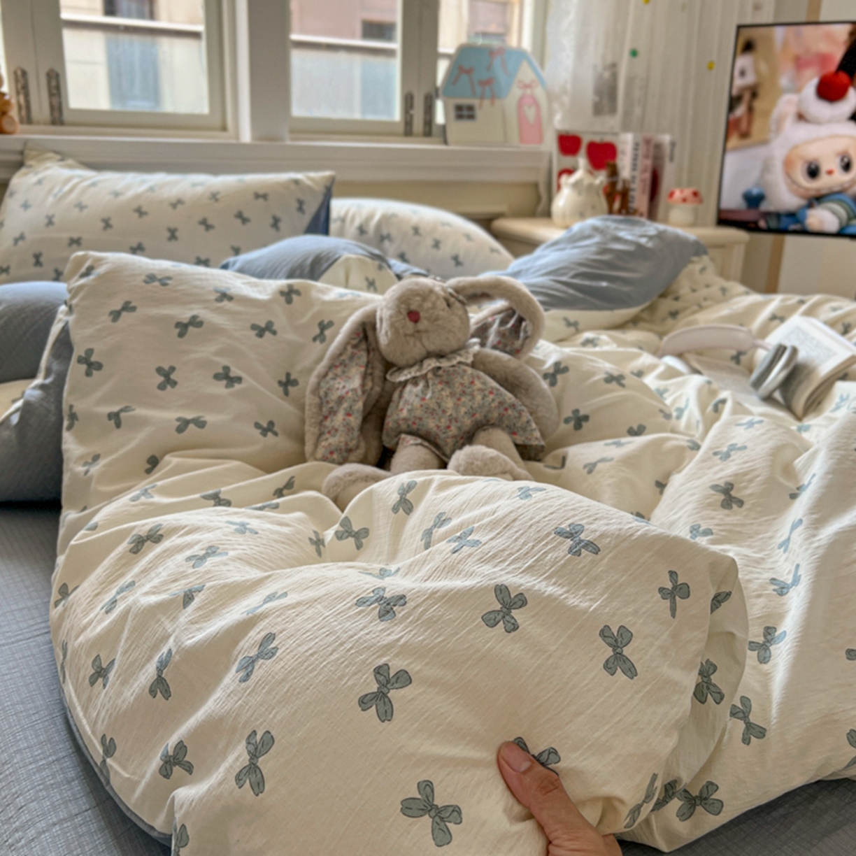 妖妖家纺 2025新款云感双层纱四件套 蓝结飘飘