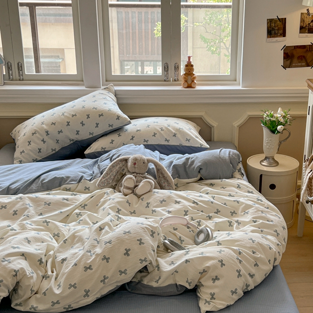 91家纺网 家纺一手货源 找家纺 妖妖家纺 2025新款云感双层纱四件套 蓝结飘飘