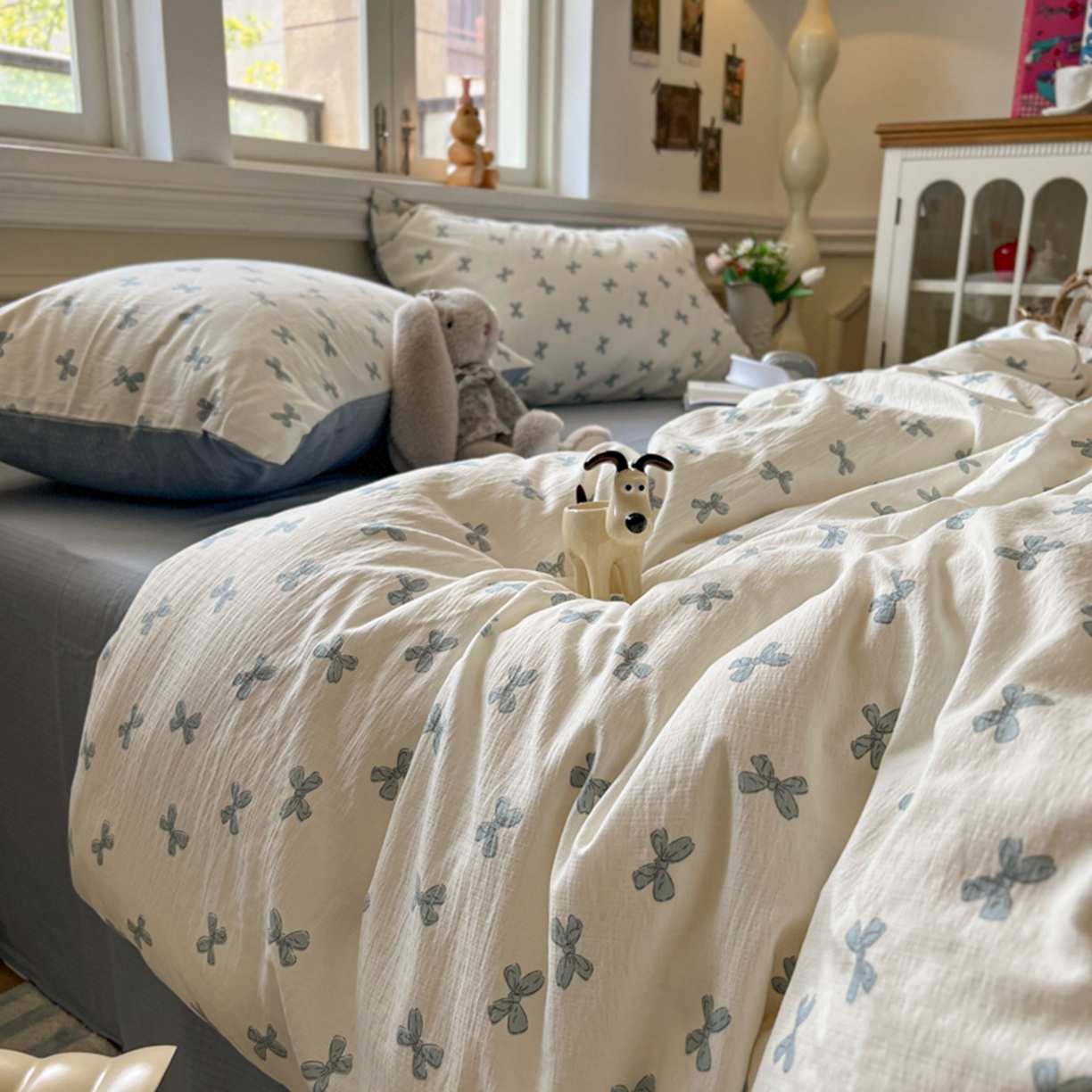 91家纺网 家纺一手货源 找家纺 妖妖家纺 2025新款云感双层纱四件套 蓝结飘飘