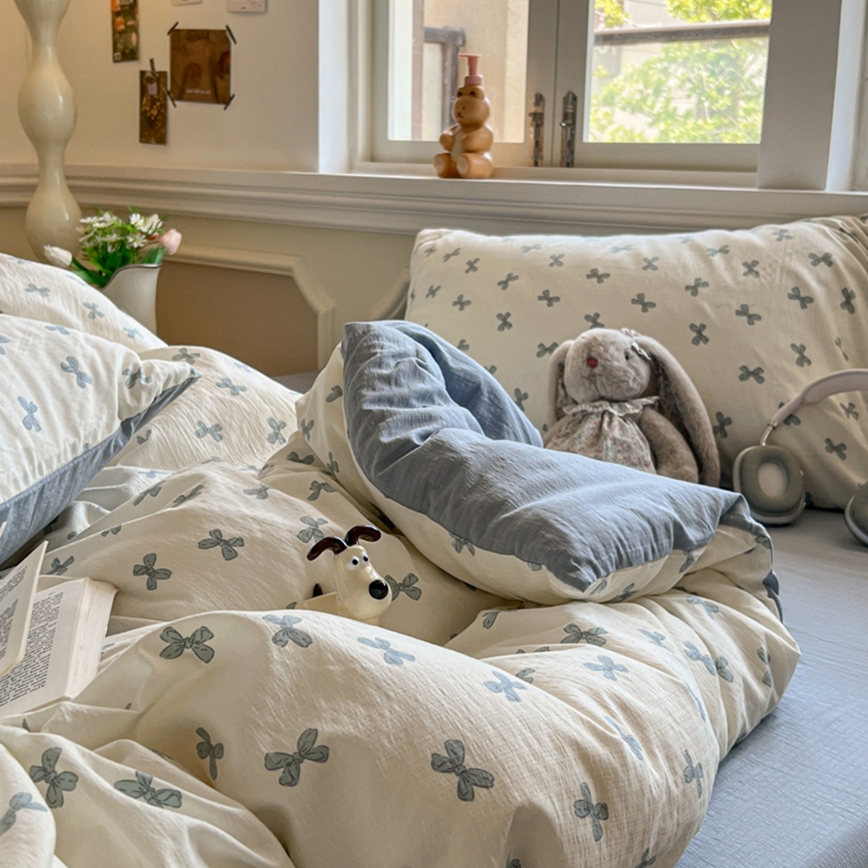 91家纺网 家纺一手货源 找家纺 妖妖家纺 2025新款云感双层纱四件套 蓝结飘飘