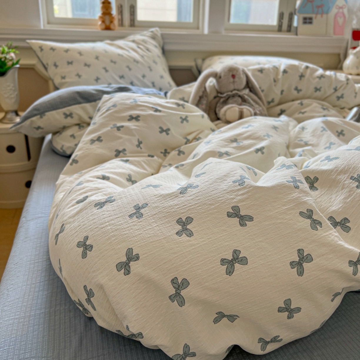 91家纺网 家纺一手货源 找家纺 妖妖家纺 2025新款云感双层纱四件套 蓝结飘飘