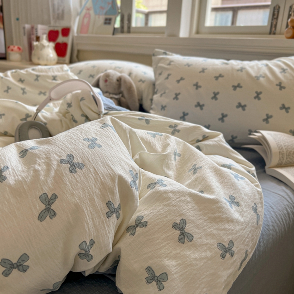 91家纺网 家纺一手货源 找家纺 妖妖家纺 2025新款云感双层纱四件套 蓝结飘飘