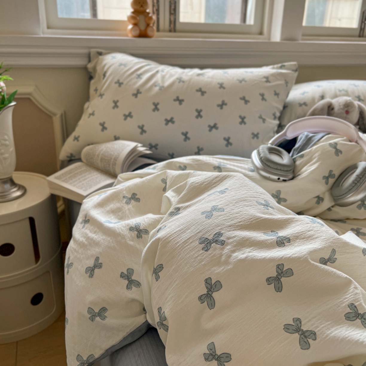 91家纺网 家纺一手货源 找家纺 妖妖家纺 2025新款云感双层纱四件套 蓝结飘飘