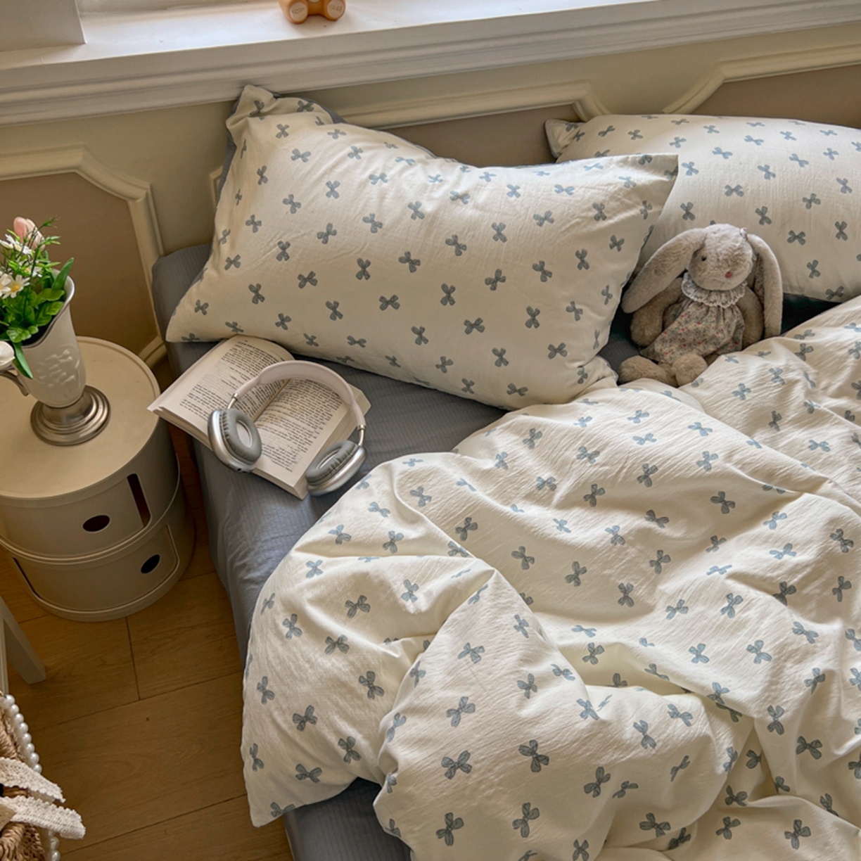 91家纺网 家纺一手货源 找家纺 妖妖家纺 2025新款云感双层纱四件套 蓝结飘飘