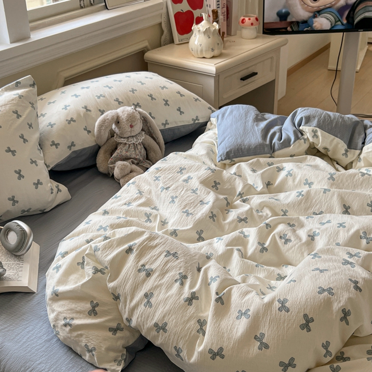 91家纺网 家纺一手货源 找家纺 妖妖家纺 2025新款云感双层纱四件套 蓝结飘飘