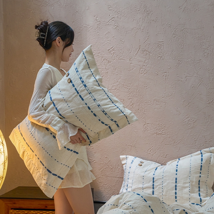 91家纺网 家纺一手货源 找家纺 春皖家纺 2025新款棉麻大提花文艺风四件套 结点-深蓝