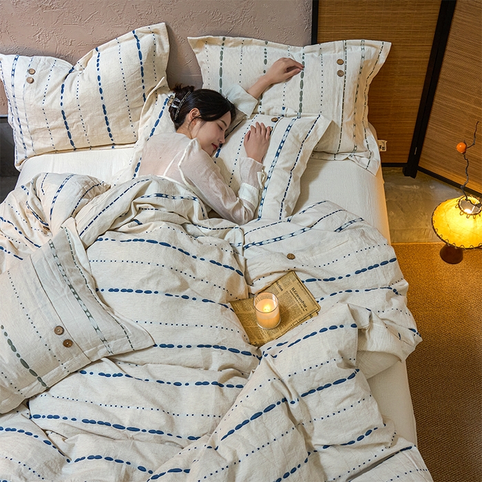 91家纺网 家纺一手货源 找家纺 春皖家纺 2025新款棉麻大提花文艺风四件套 结点-深蓝