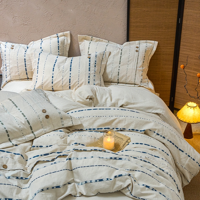 91家纺网 家纺一手货源 找家纺 春皖家纺 2025新款棉麻大提花文艺风四件套 结点-深蓝