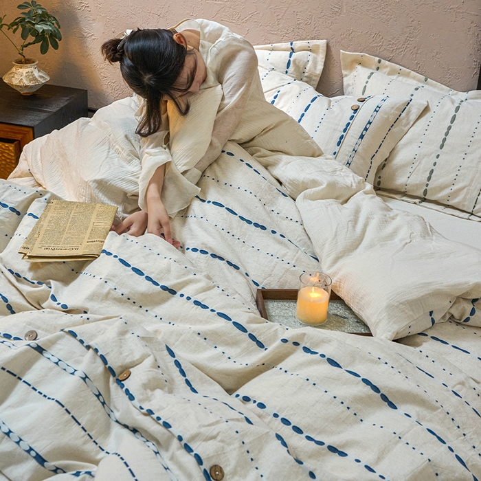 91家纺网 家纺一手货源 找家纺 春皖家纺 2025新款棉麻大提花文艺风四件套 结点-深蓝