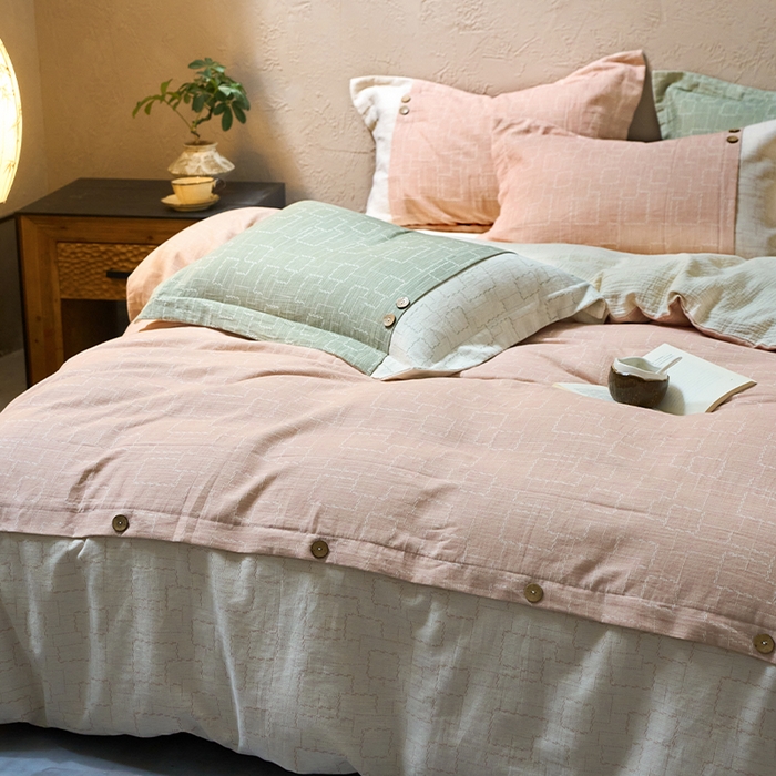 91家纺网 家纺一手货源 找家纺 春皖家纺 2025新款棉麻大提花文艺风四件套 时空-粉