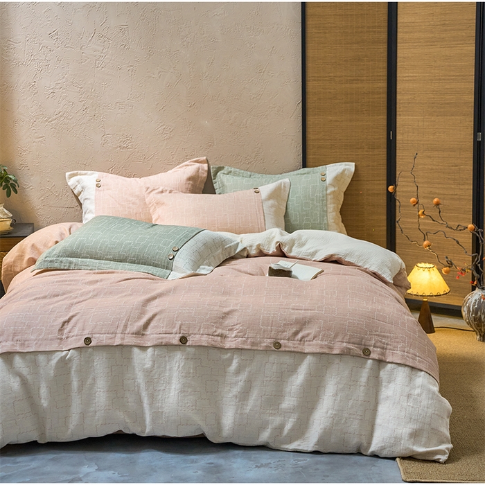 91家纺网 家纺一手货源 找家纺 春皖家纺 2025新款棉麻大提花文艺风四件套 时空-粉