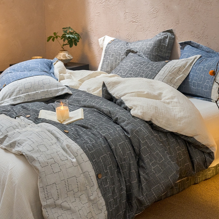 91家纺网 家纺一手货源 找家纺 春皖家纺 2025新款棉麻大提花文艺风四件套 时空-黑