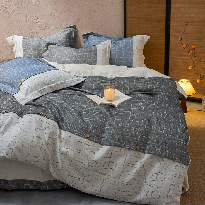 91家纺网 家纺一手货源 找家纺 春皖家纺 2025新款棉麻大提花文艺风四件套 时空-黑