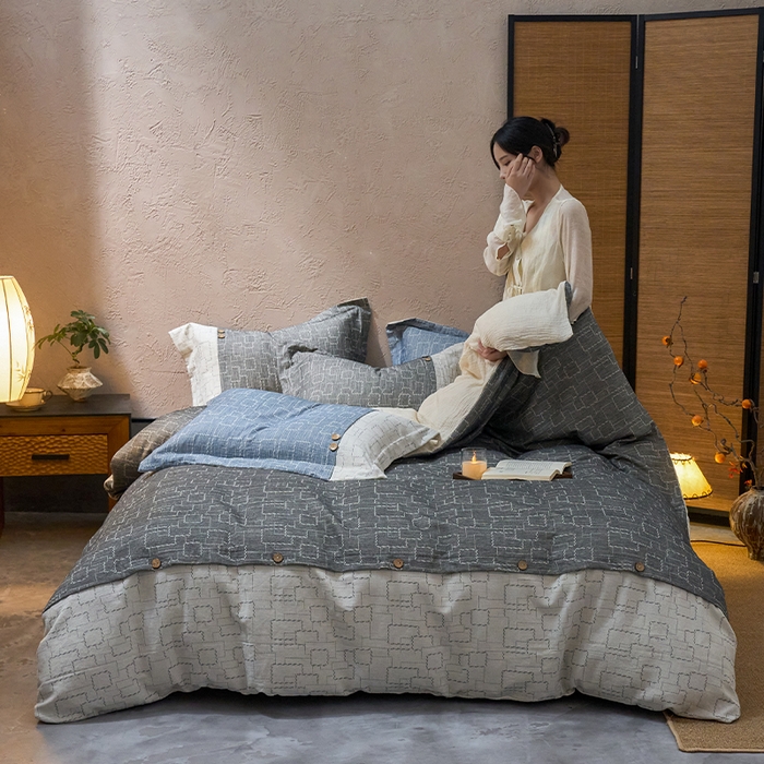 91家纺网 家纺一手货源 找家纺 春皖家纺 2025新款棉麻大提花文艺风四件套 时空-黑