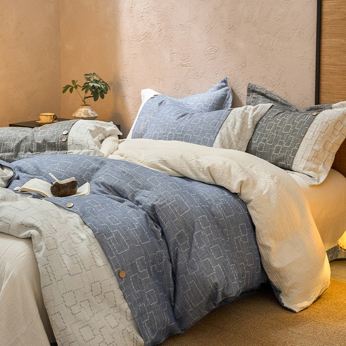 91家纺网 家纺一手货源 找家纺 春皖家纺 2025新款棉麻大提花文艺风四件套 时空-兰