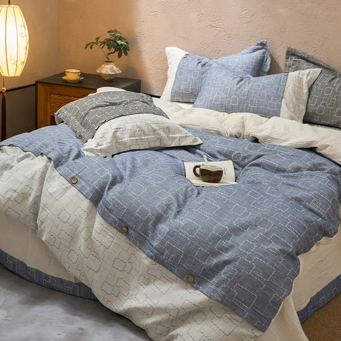 91家纺网 家纺一手货源 找家纺 春皖家纺 2025新款棉麻大提花文艺风四件套 时空-兰