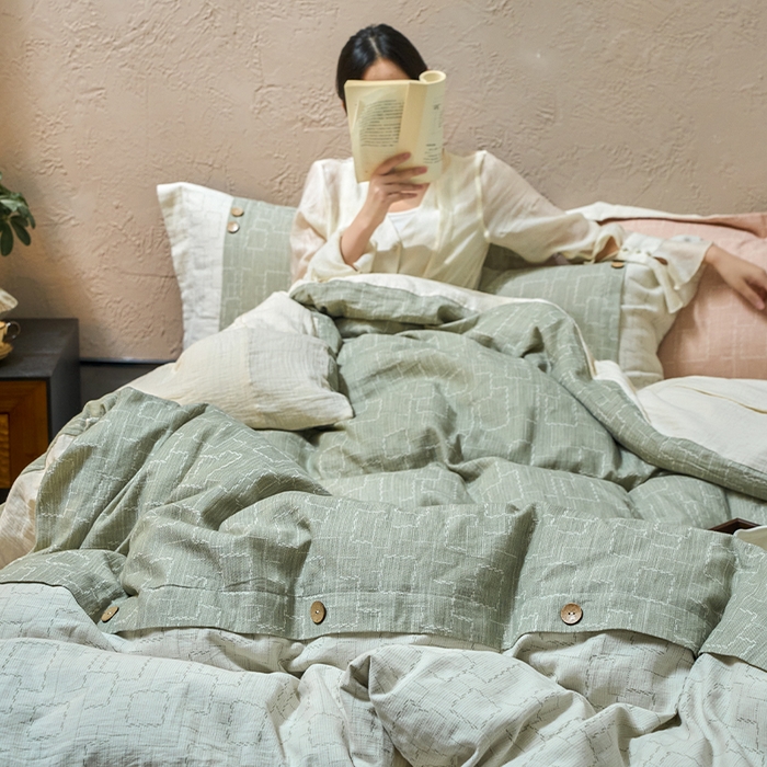 91家纺网 家纺一手货源 找家纺 春皖家纺 2025新款棉麻大提花文艺风四件套 时空-绿