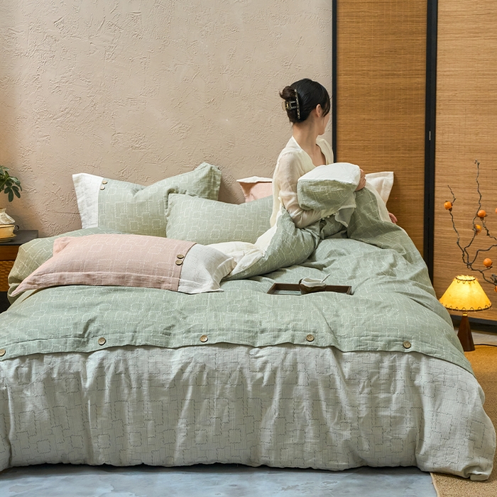 91家纺网 家纺一手货源 找家纺 春皖家纺 2025新款棉麻大提花文艺风四件套 时空-绿