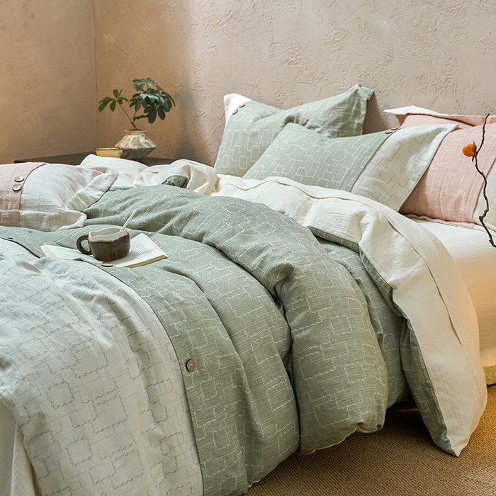 91家纺网 家纺一手货源 找家纺 春皖家纺 2025新款棉麻大提花文艺风四件套 时空-绿